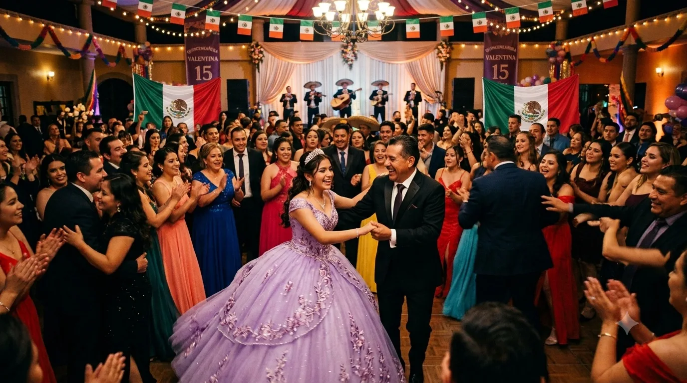 A quinceañera ballroom: a father dances the first waltz with his fifteen-year-old daughter in a lilac gown, guests applauding.
