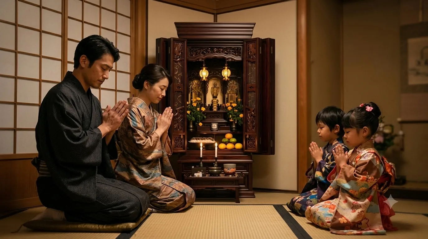 A Japanese family kneeling in prayer before a butsudan, a lacquered household Buddhist altar holding memorial tablets, candles and fruit offerings.