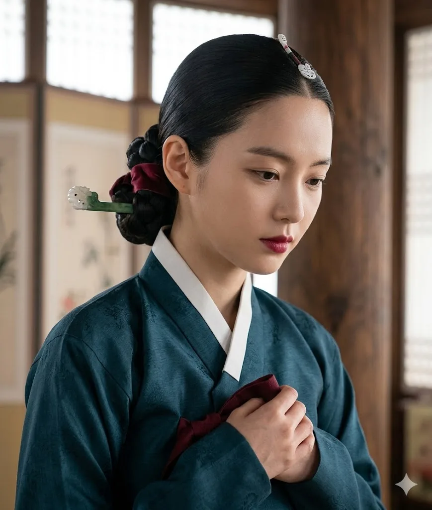 A Joseon court matron wearing the cheopji hair ornament