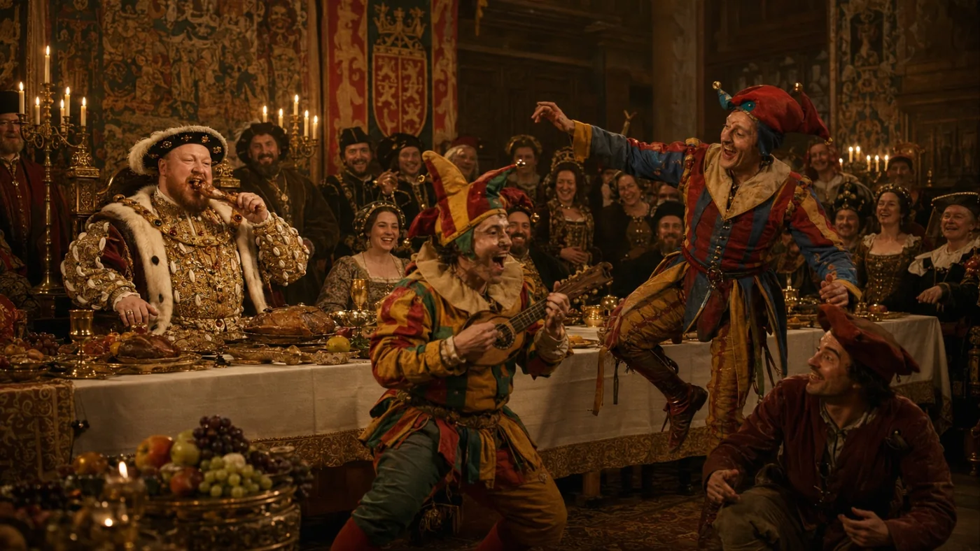 A costumed court jester plays a lute and capers before a feasting Tudor king and his laughing courtiers.