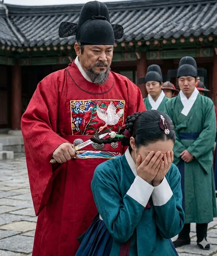 Onlookers in the Joseon court react to a forced hair-cutting