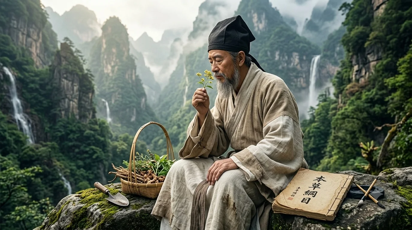A robed herbalist on a misty mountain smells a medicinal flower beside a basket of roots and a copy of the Bencao Gangmu