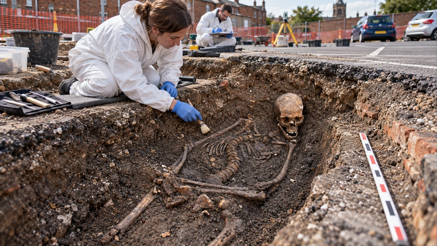 Archaeologists in white protective suits carefully brushing soil from a skeleton with a curved spine in a trench cut into a city car park