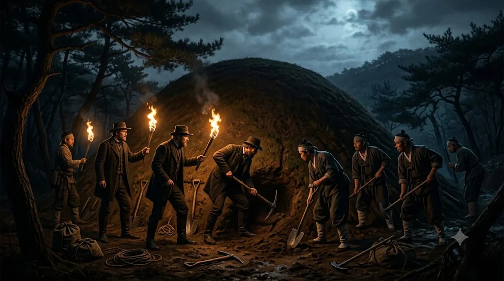 Foreign intruders and hired diggers attempt to break into the earthen tomb of a Joseon royal relative by torchlight at night