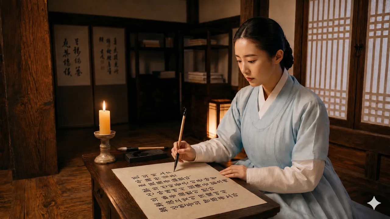 A Joseon noblewoman writing in Hangul by candlelight, brush in hand