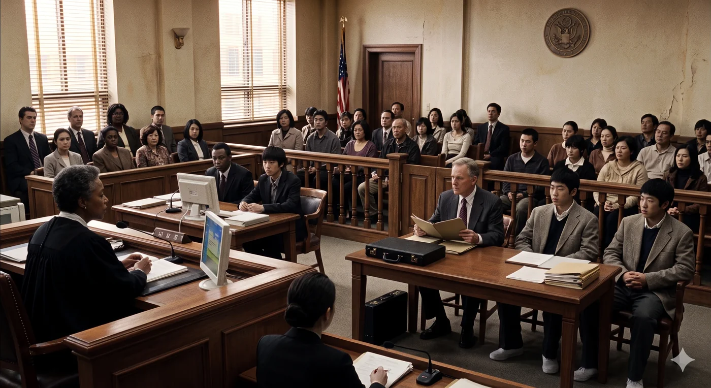 A courtroom scene: a judge presides as lawyers and young defendants in school uniforms sit at counsel tables, watched by a gallery.